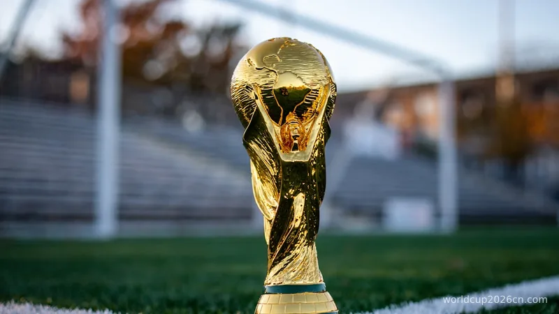 a golden trophy sitting on top of a soccer field