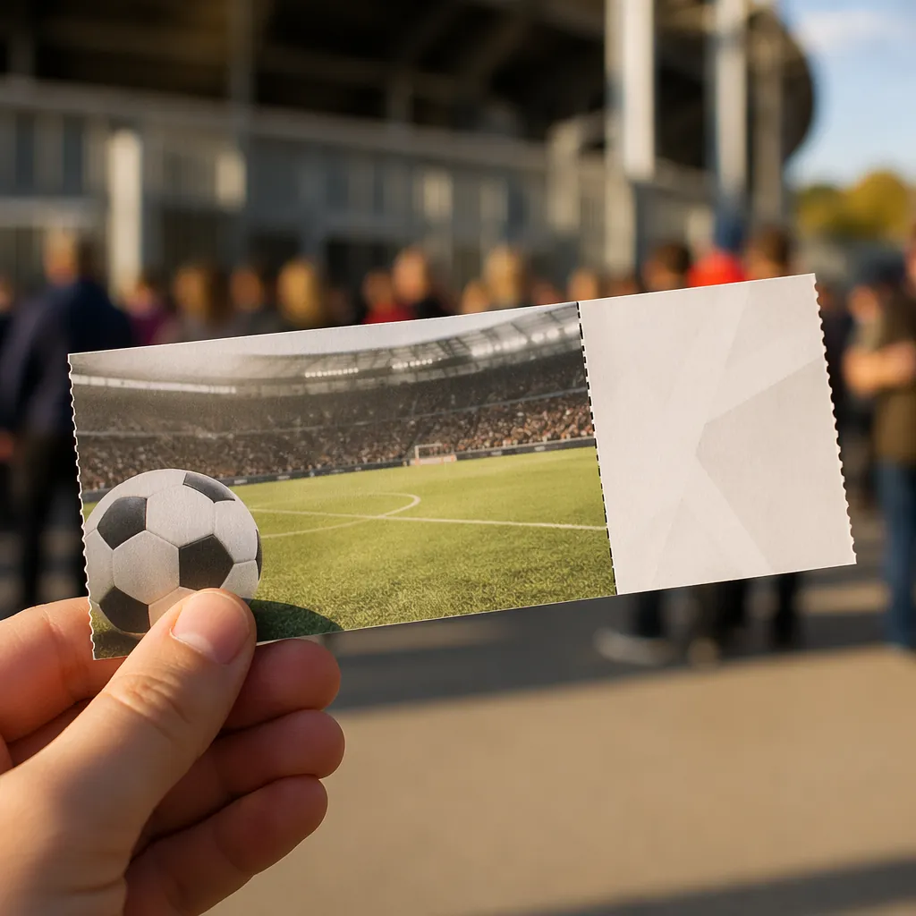 Close up shot of a generic soccer match ticket held by a fan's hand, blurred bac