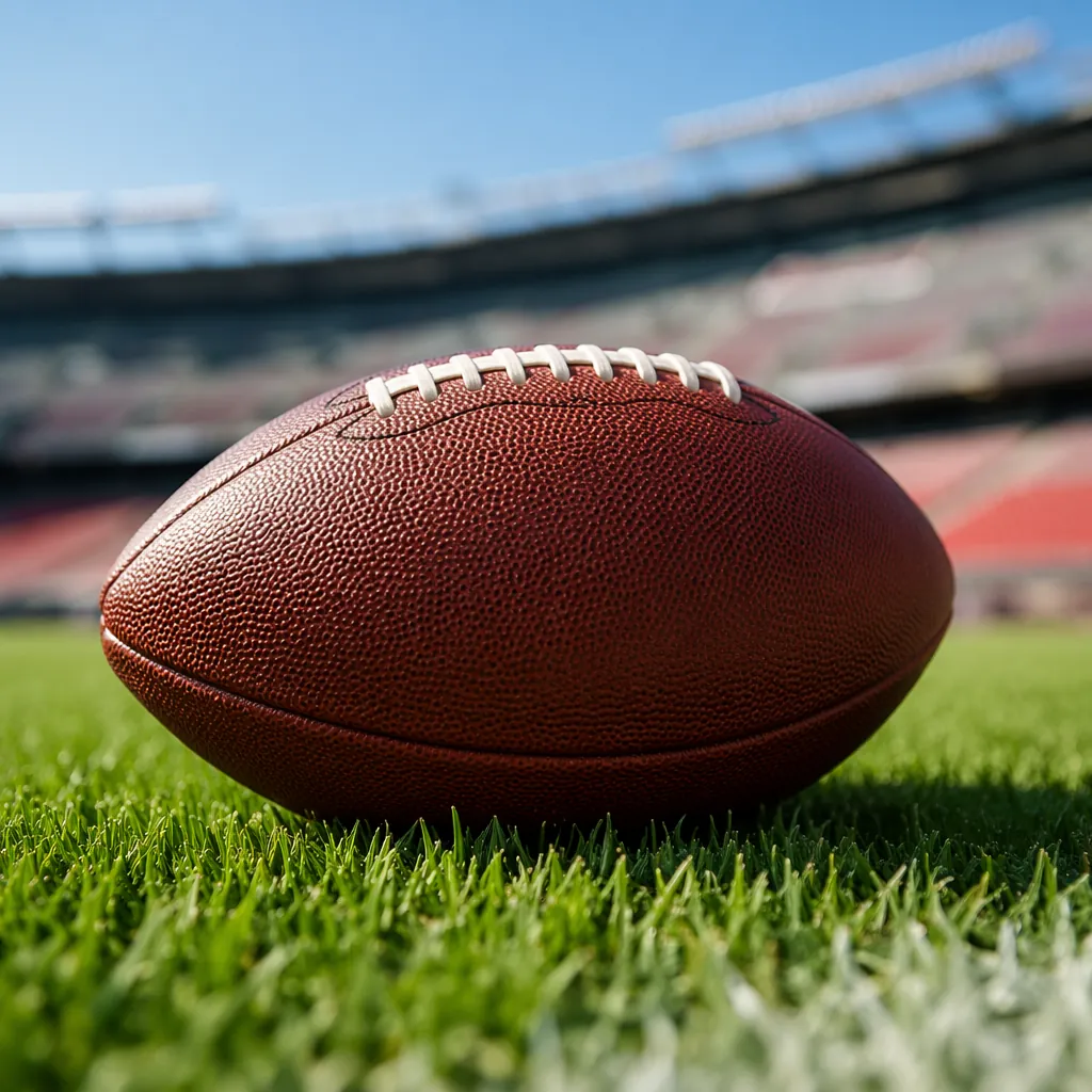 Close up shot of a generic football on green grass with blurred stadium stands i