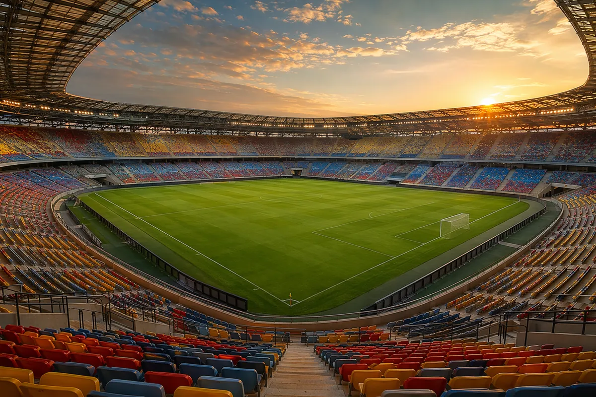 Wide shot of a modern world cup football stadium at golden hour, with vibrant green pitch,