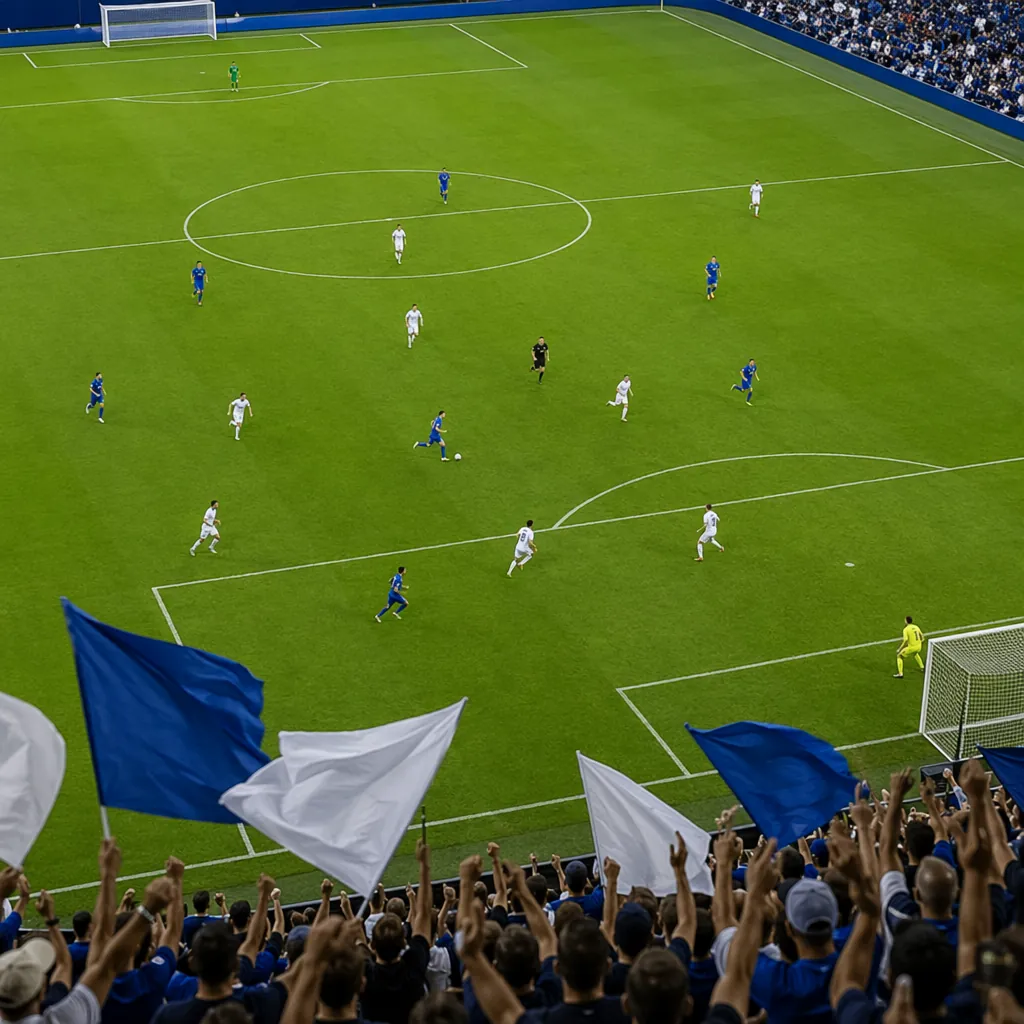 High-angle shot of a generic soccer match in progress, players running on green 
