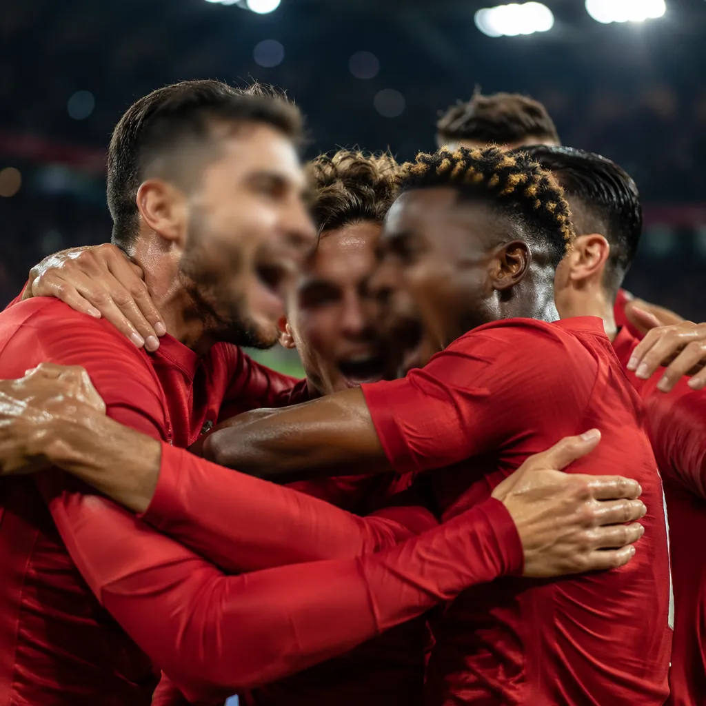 Close up of football players celebrating together on the pitch, blurry faces, no