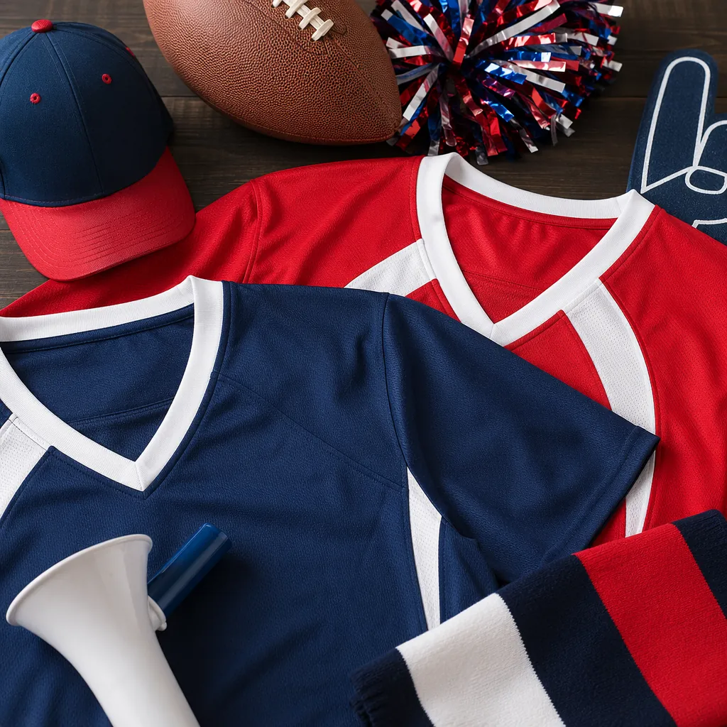 Close up of generic football jerseys and fan merchandise laid out on a table, so