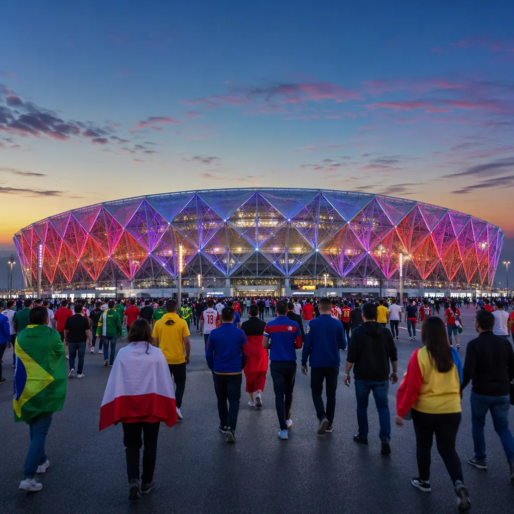 Wide shot of a modern World Cup football stadium at dusk, colorful lights on the