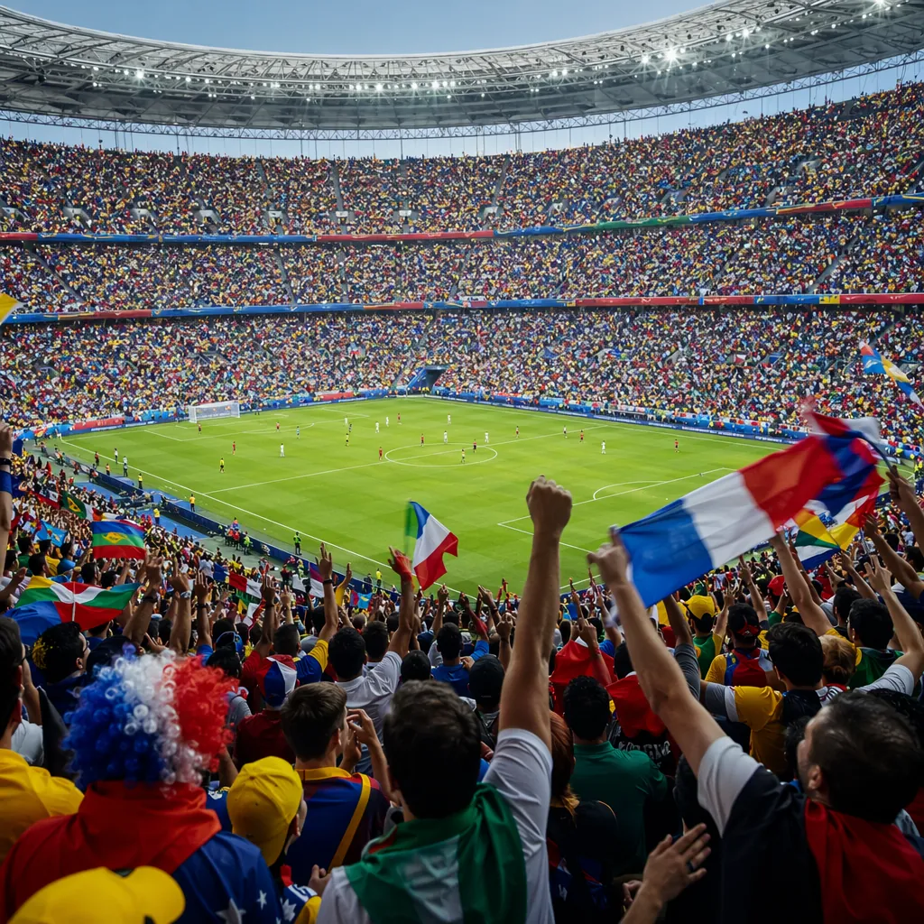 Wide shot of a world cup stadium full of cheering fans, colorful flags waving, n