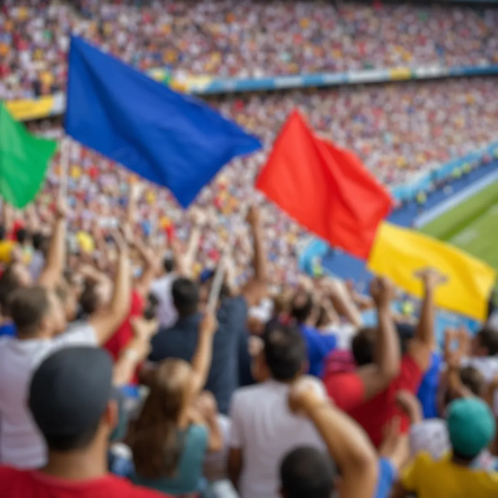 Blurred wide shot of diverse soccer fans cheering in stadium stands, holding col