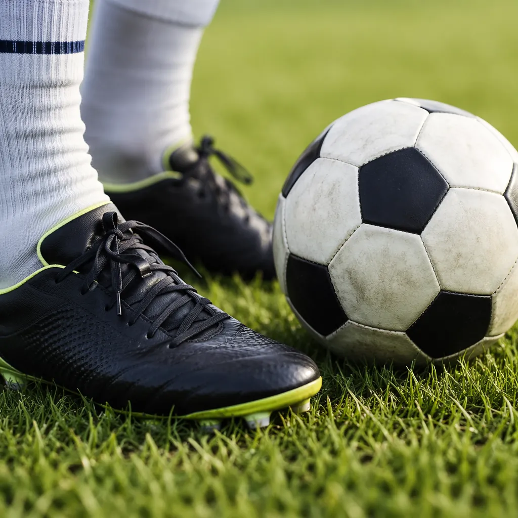 Close up of soccer cleats and a traditional match ball on a well-maintained gree