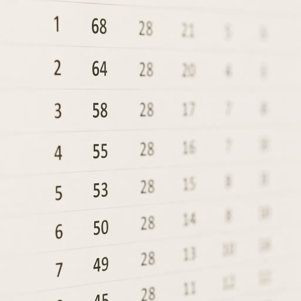 Close up of a blurred generic sports ranking table on a plain white background, 