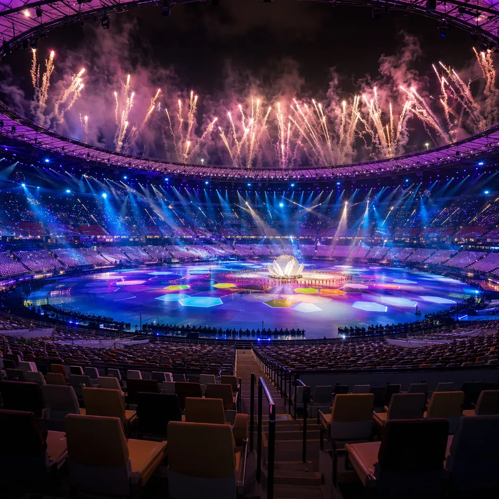 Panoramic view of World Cup opening ceremony stage with colorful lighting and fi