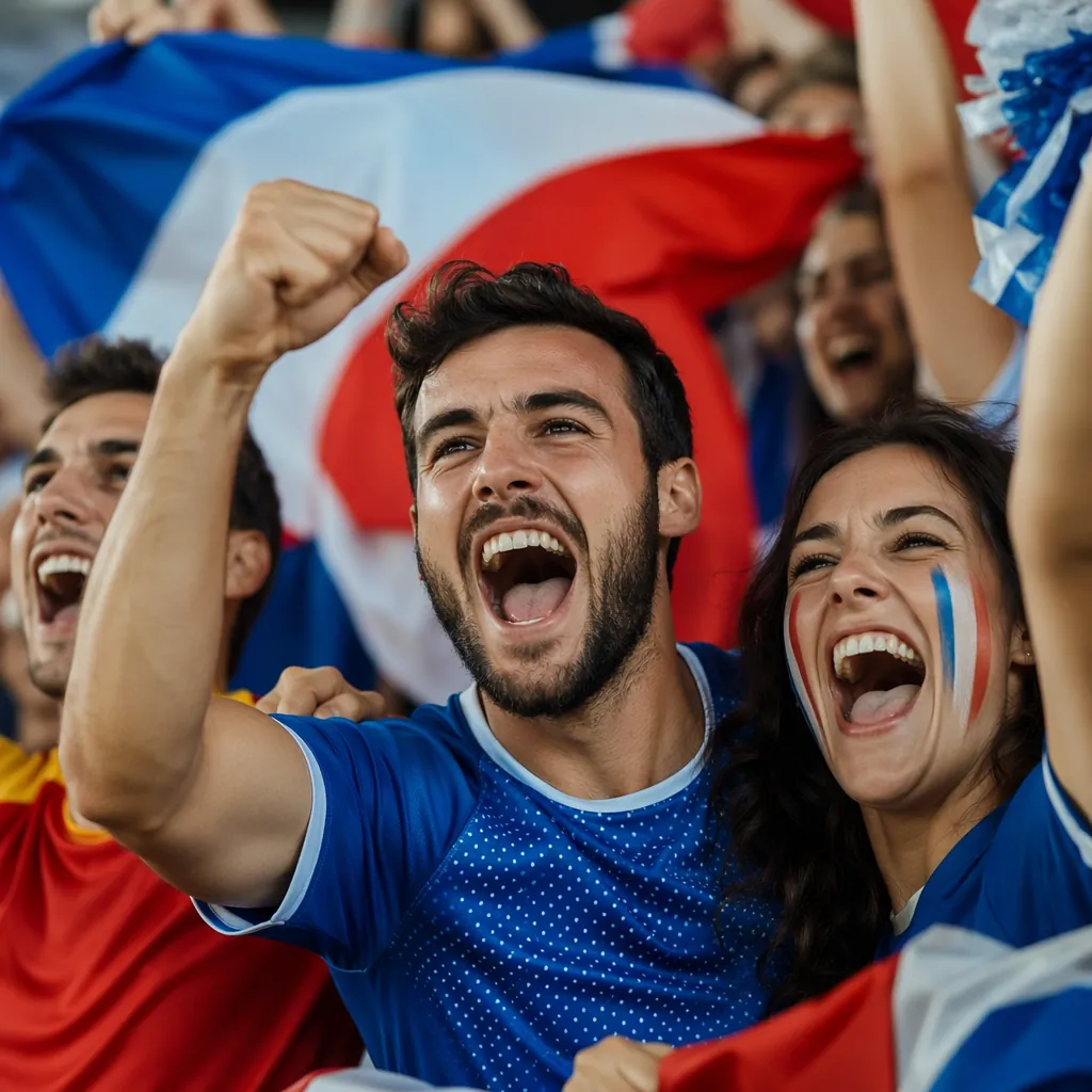 Close up of excited football fans celebrating in stadium stands, waving generic 