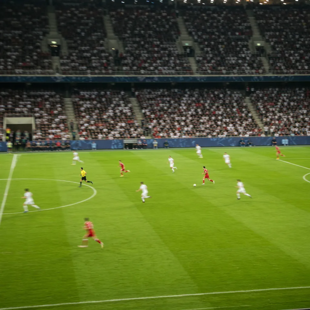 Wide shot of a green football pitch during a match, blurred players in motion, s