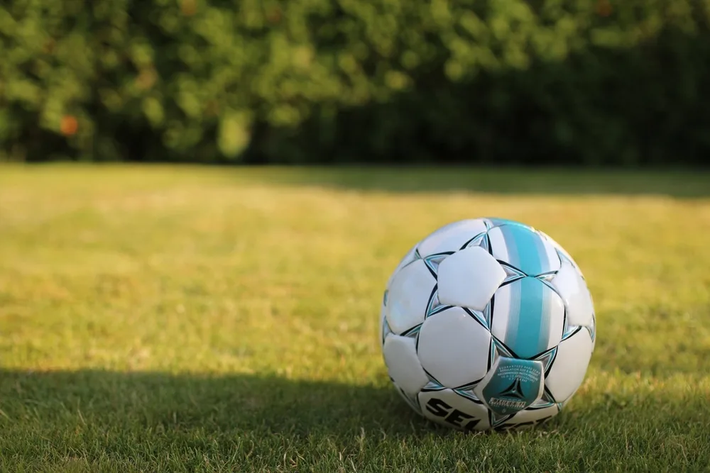 Generic action shot of a football match on a green pitch, blurred crowd in stadi