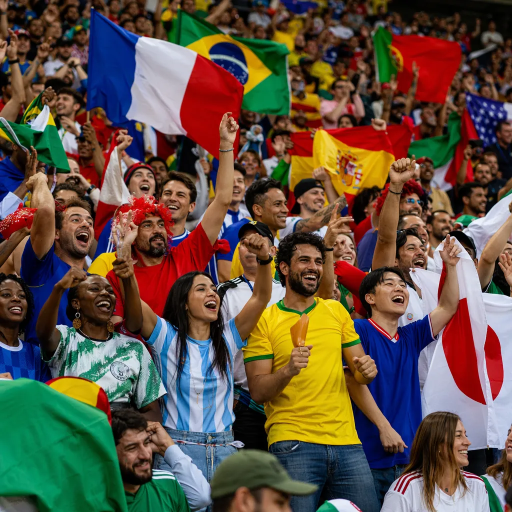Wide shot of diverse soccer fans celebrating in stadium stands, waving colorful 