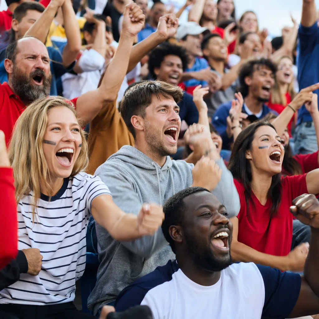 Candid shot of diverse football fans cheering enthusiastically in stadium stands