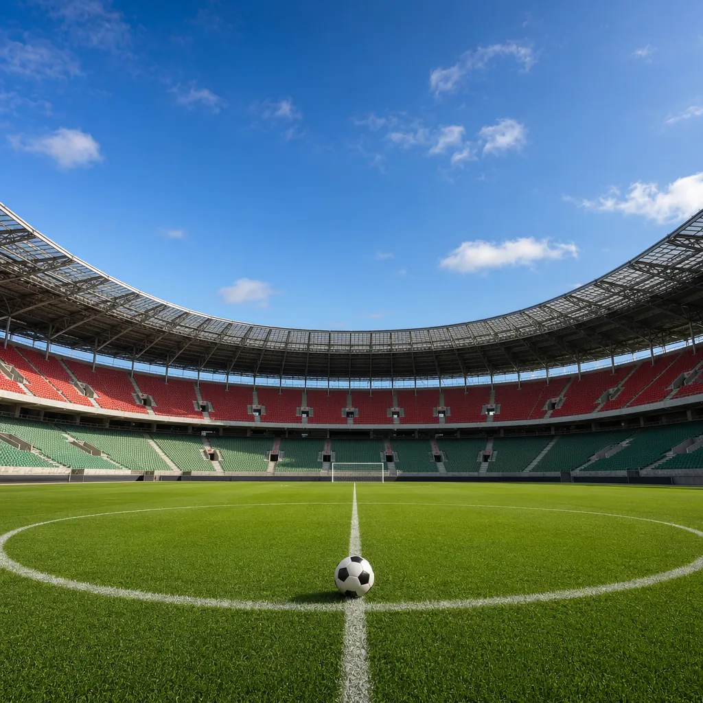 Wide shot of a modern football stadium with blue sky, empty seats in red and gre