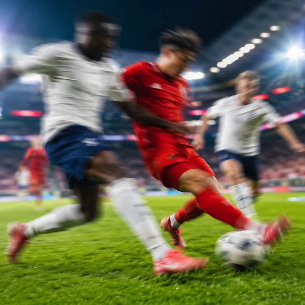 Blurred action shot of football players competing for the ball during a match, v