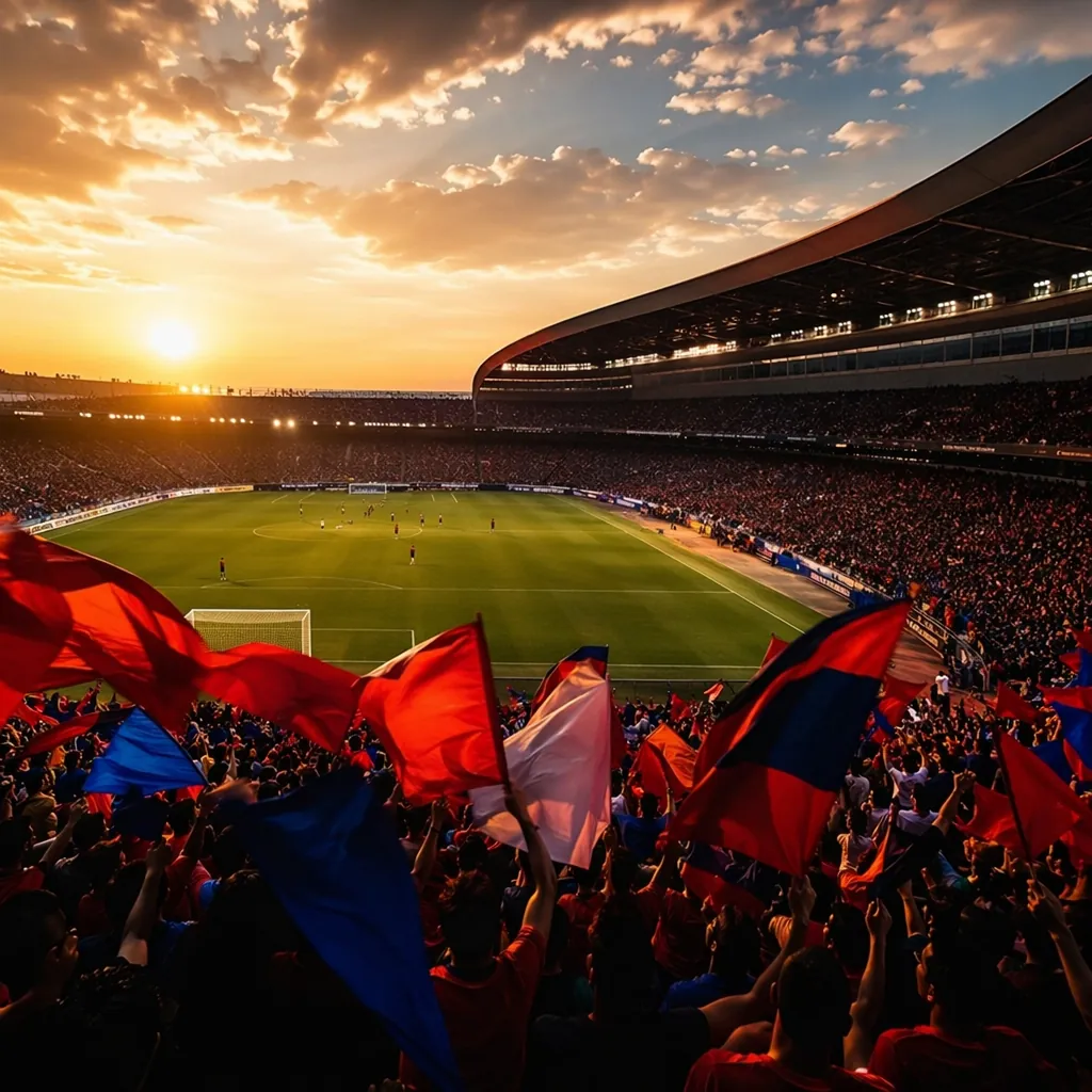 Wide shot of a packed football stadium during golden hour, fans waving colorful 