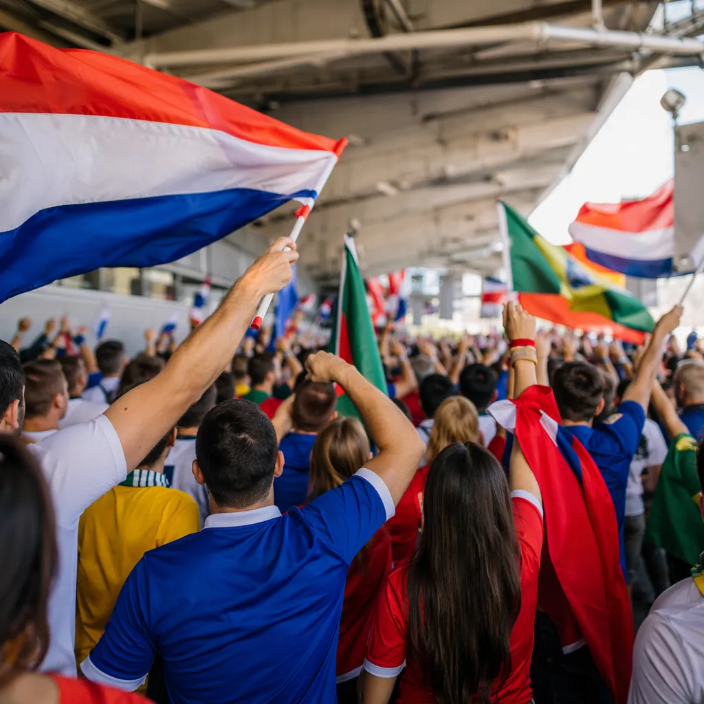 Wide shot of anonymous football fans waving generic national flags and cheering 