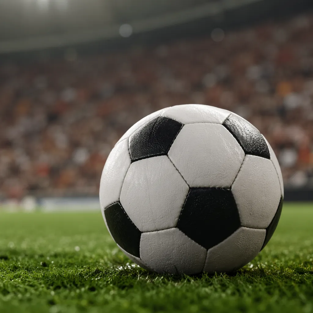 Close up of a football lying on the green pitch of a world cup stadium, soft sta