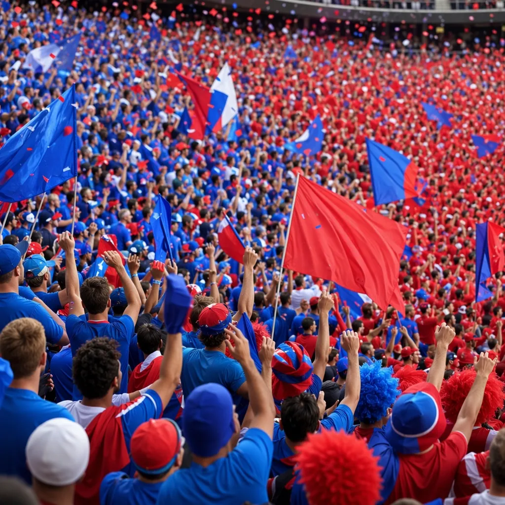 Wide shot of world cup fans wearing blue and red colored clothes cheering in the