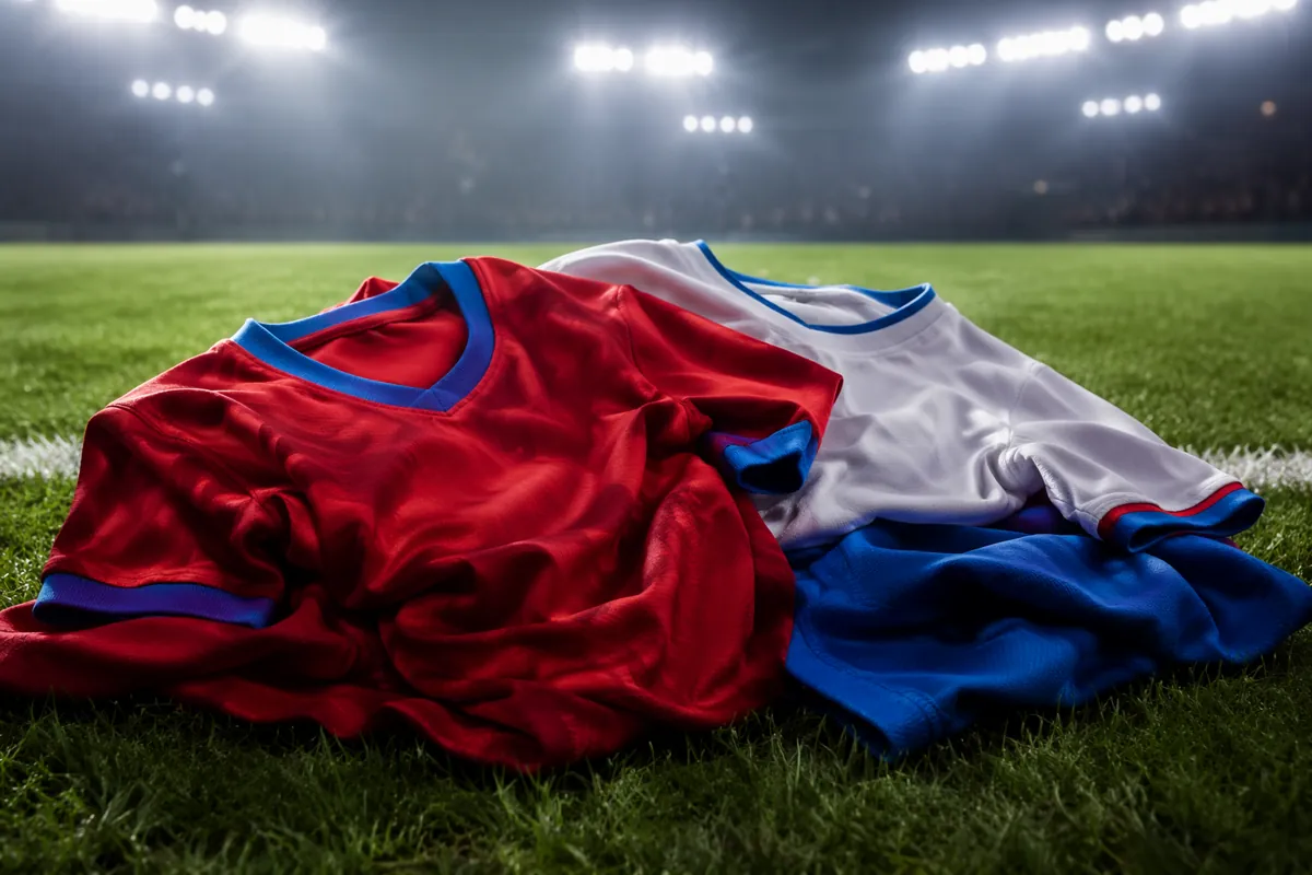 Czech national football team jerseys laid on green football pitch, soft stadium floodlight