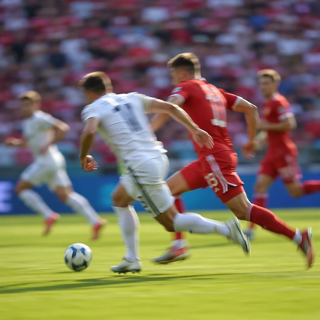Blurred action shot of a European football qualification match, players in motio