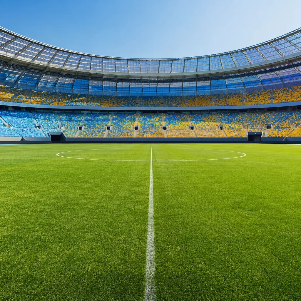 Empty World Cup football pitch with well-maintained green grass, bright daylight