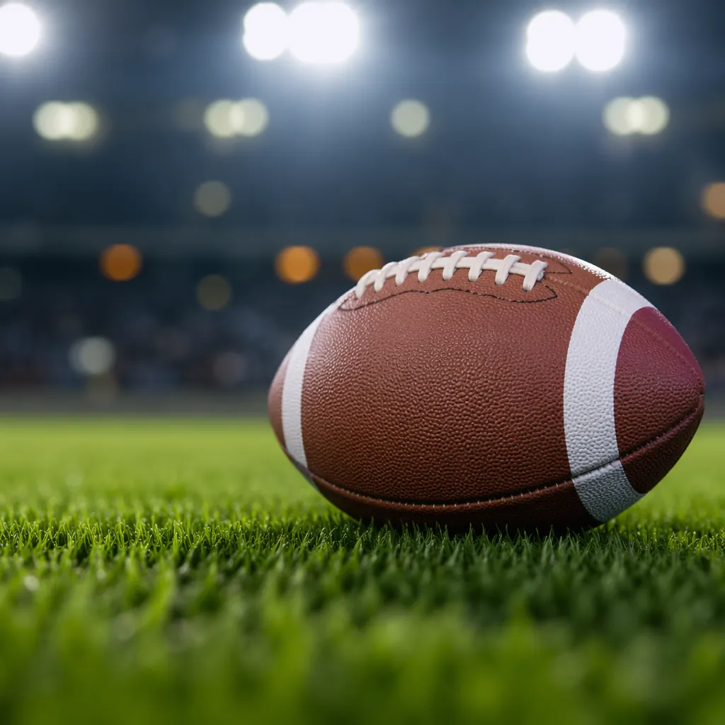 Close up shot of a football rolling on well-maintained green grass, stadium floo