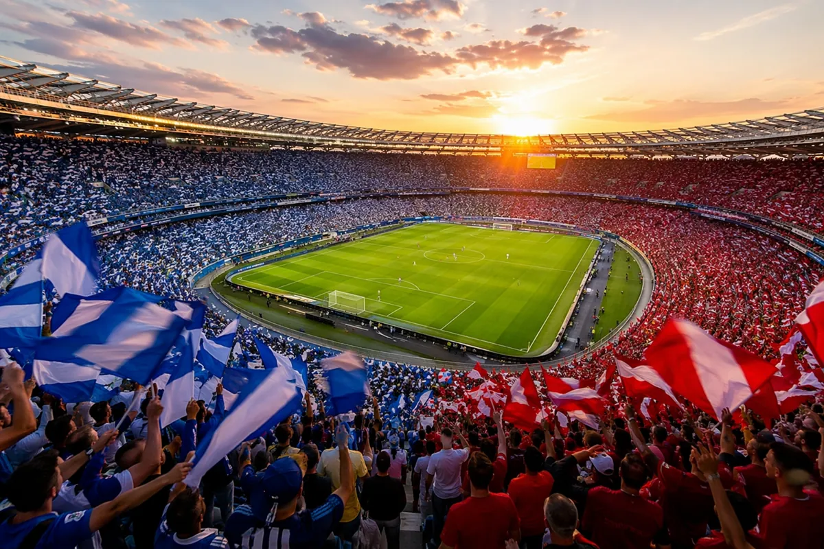 Wide shot of a packed football stadium during a World Cup match, vibrant blue and white fa