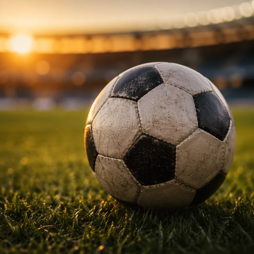 Close up shot of a soccer ball resting on the grass of a professional soccer pit