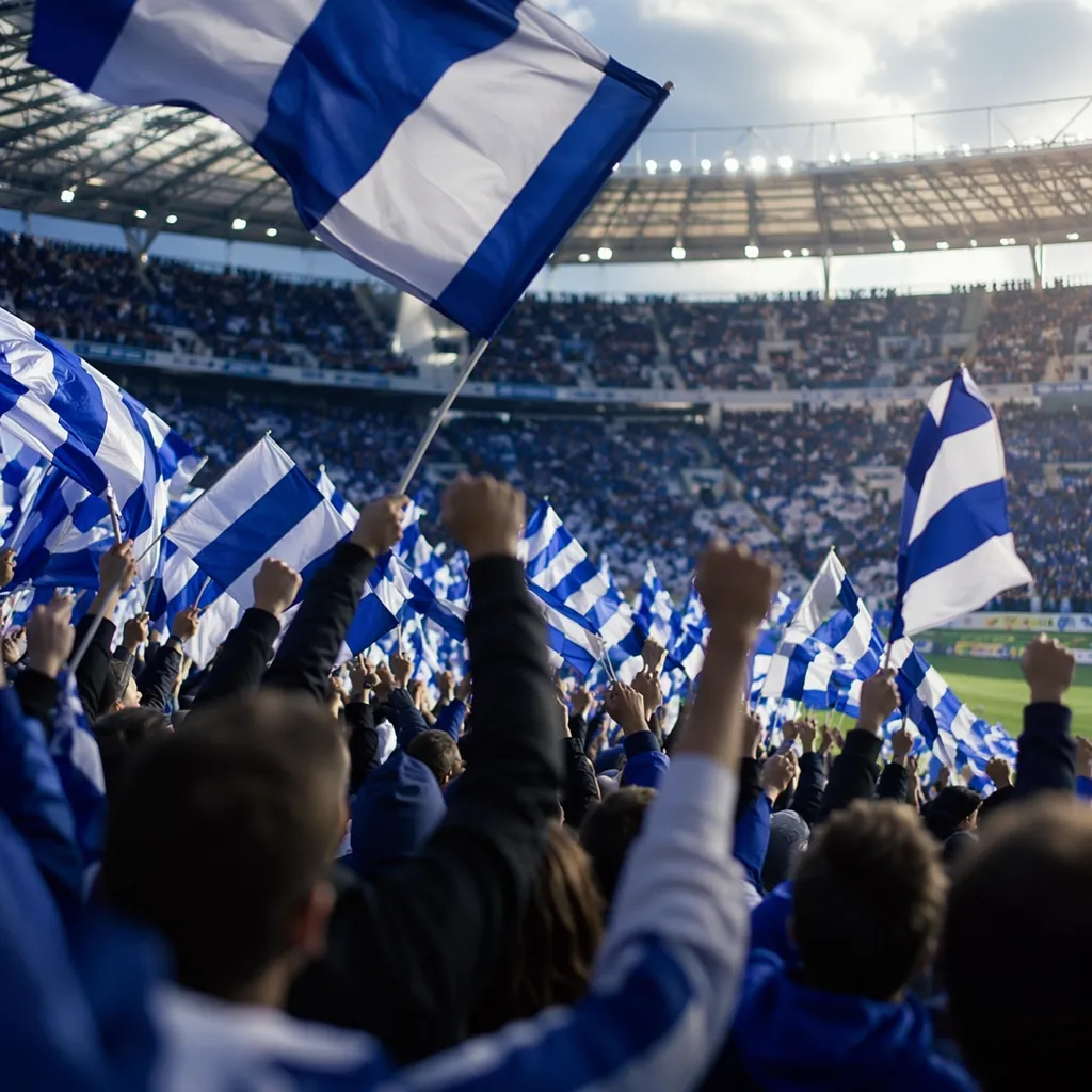 Crowd of soccer fans waving blue and white flags, celebrating in the stands of a
