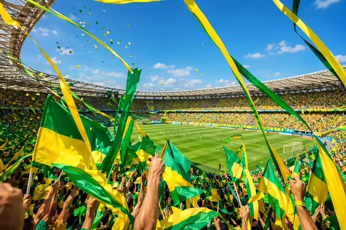Vibrant wide shot of a football stadium decorated with yellow and green streamers, cheerin