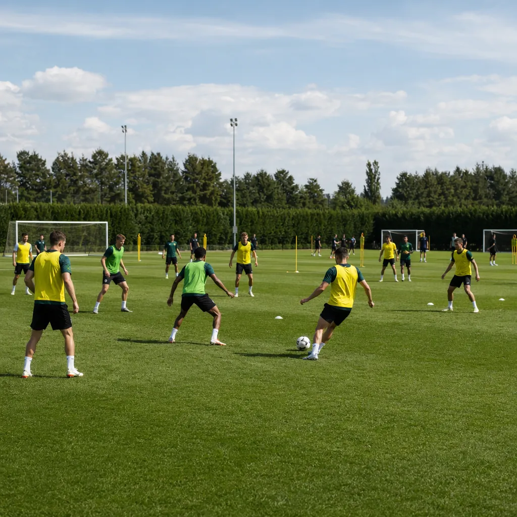 Wide shot of a football training ground, players in generic yellow and green jer