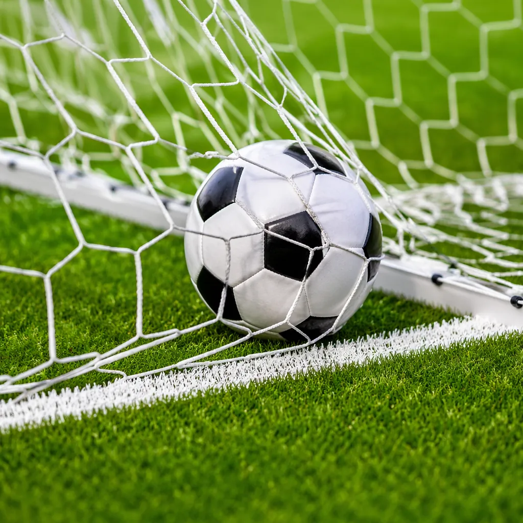 Close-up shot of a soccer ball crossing the goal line into the net, green grass 