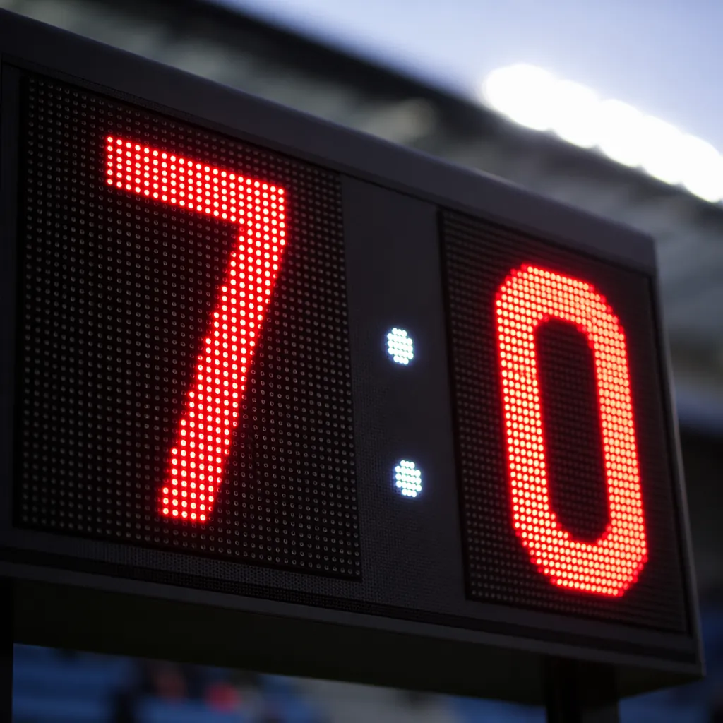 Close up of a football scoreboard showing a high goal difference match, blurred 