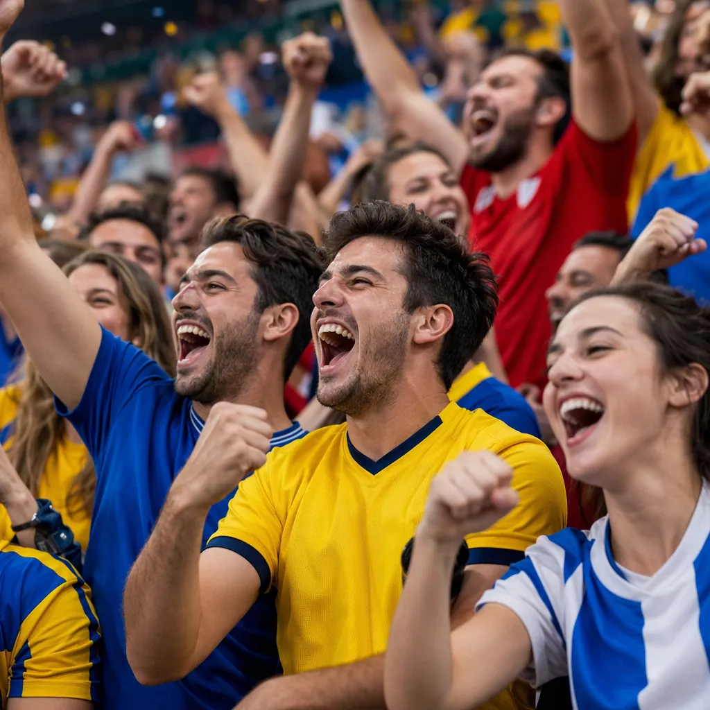 Group of football fans celebrating a goal in a stadium stand, wearing generic co