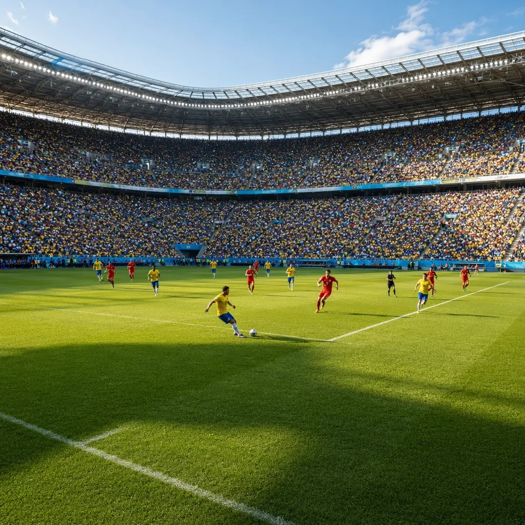 Wide shot of a packed football stadium during a world cup match, with players in