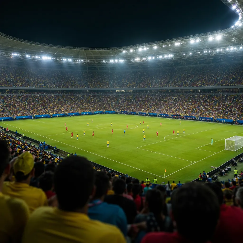 Wide shot of a football stadium during a World Cup group stage match, blurred cr