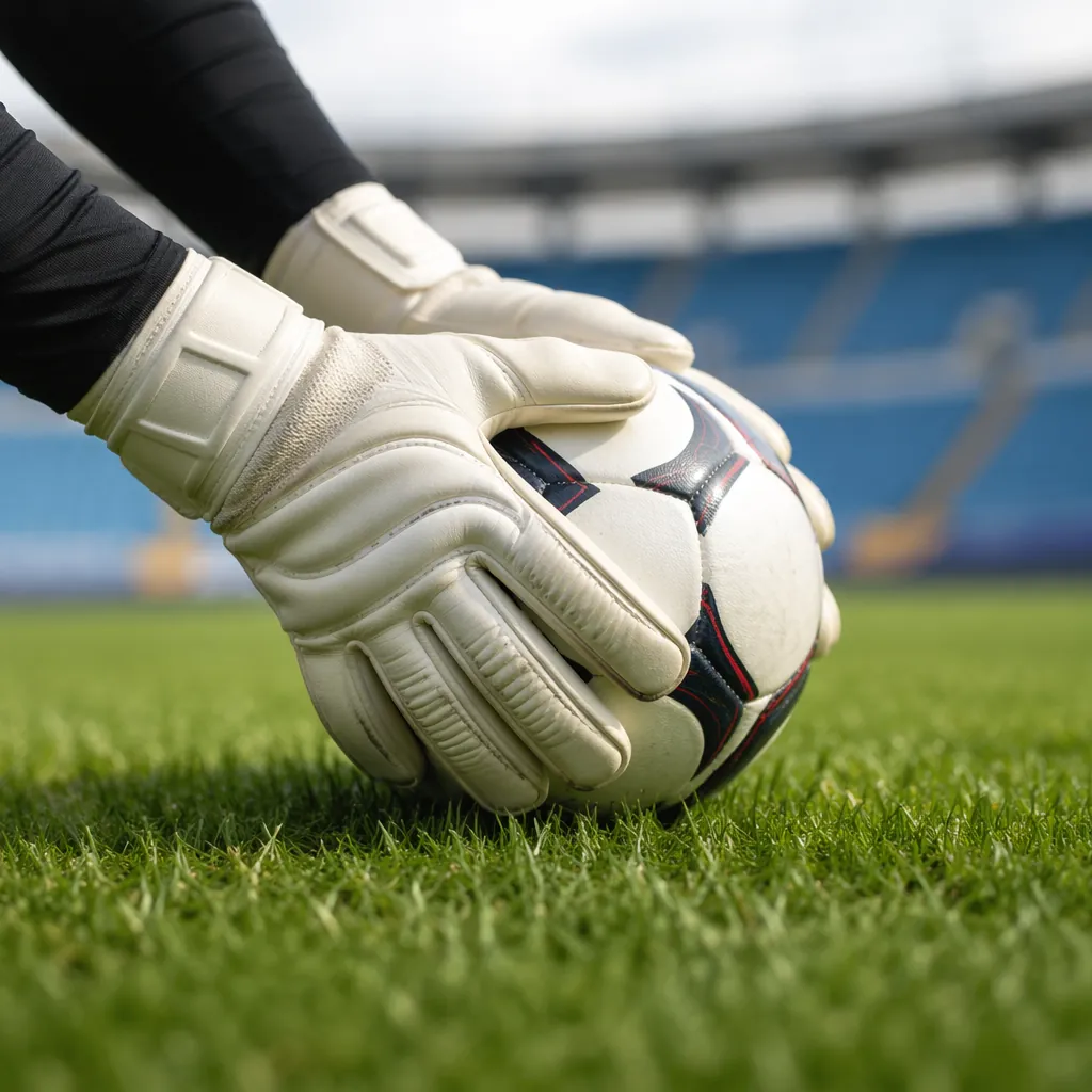 Close up shot of a goalkeeper's gloves and ball on the grass, stadium seating in