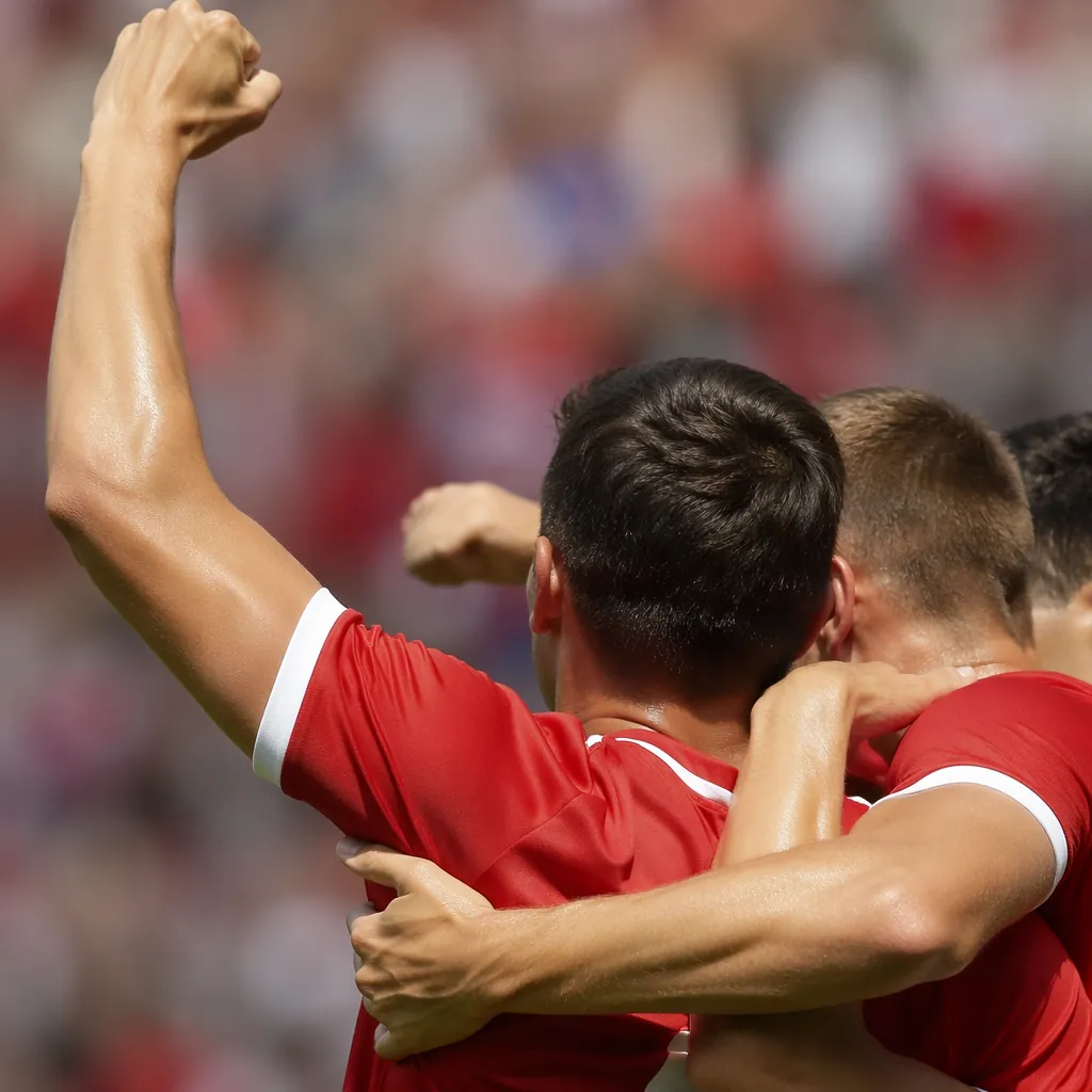 Close up shot of generic soccer players celebrating a goal on the pitch, arms ra