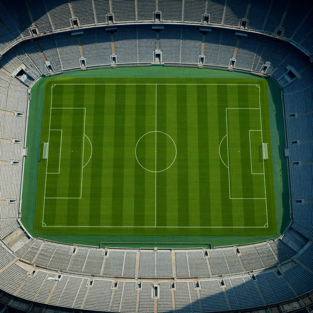 Aerial view of a World Cup style football pitch with green grass, white line mar