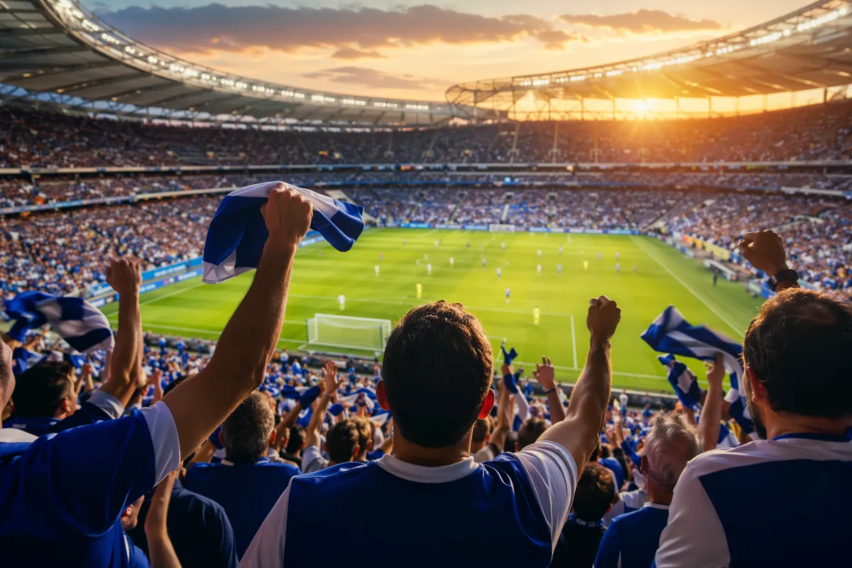 Professional sports news header image, wide shot of a packed modern football stadium durin