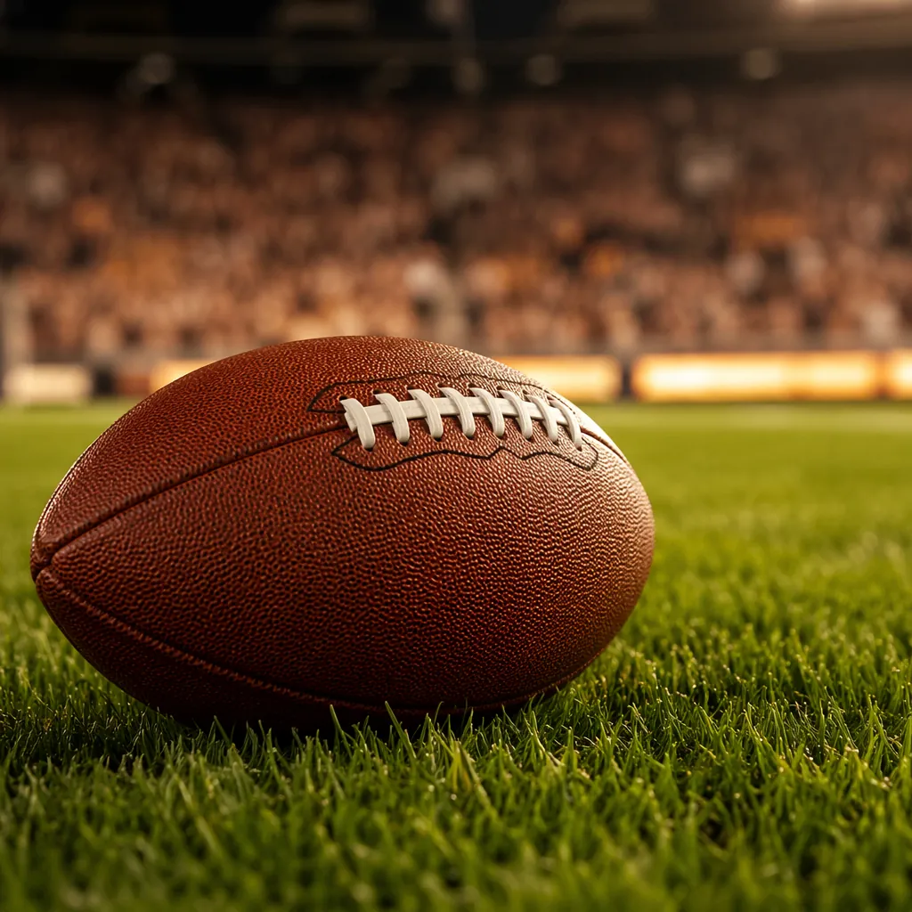 Close up shot of a football resting on green grass pitch, blurred crowd in the b