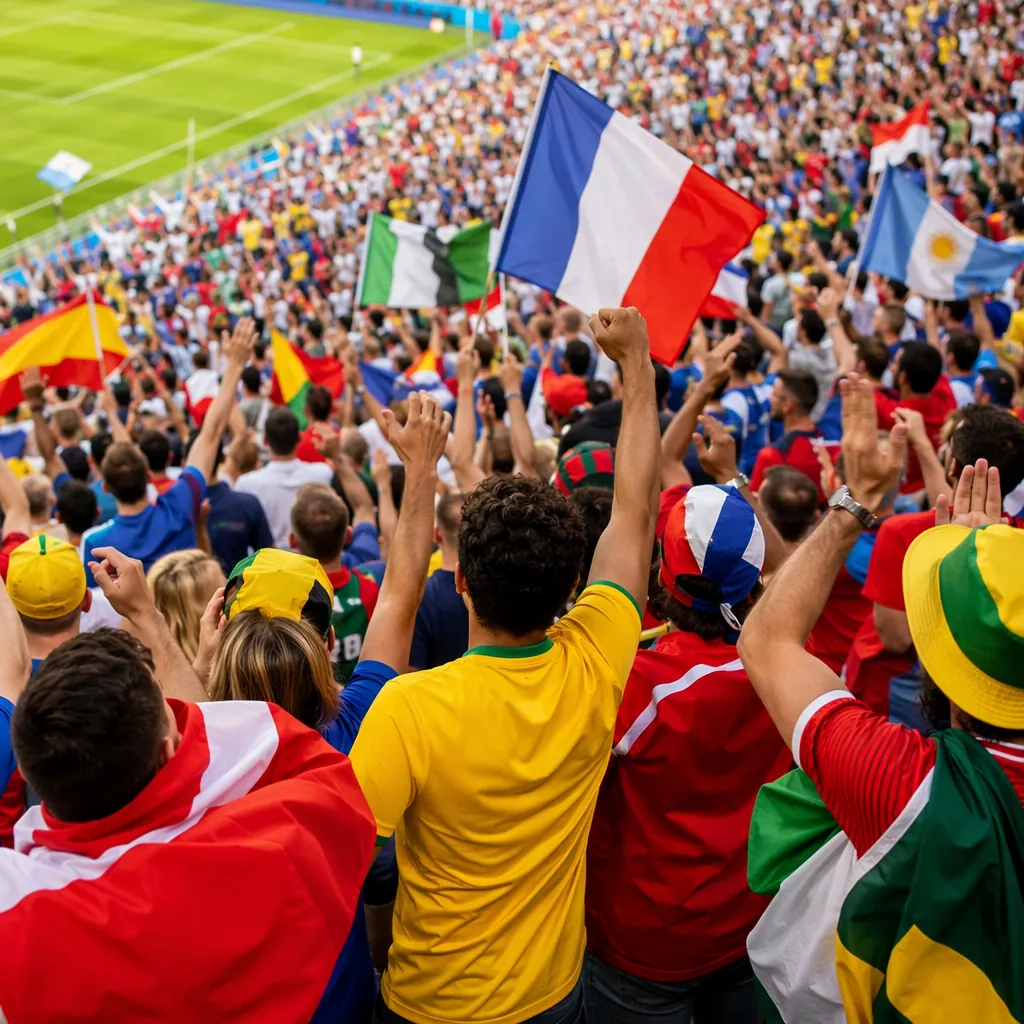 Wide shot of football fans celebrating in the stadium stands, waving national fl