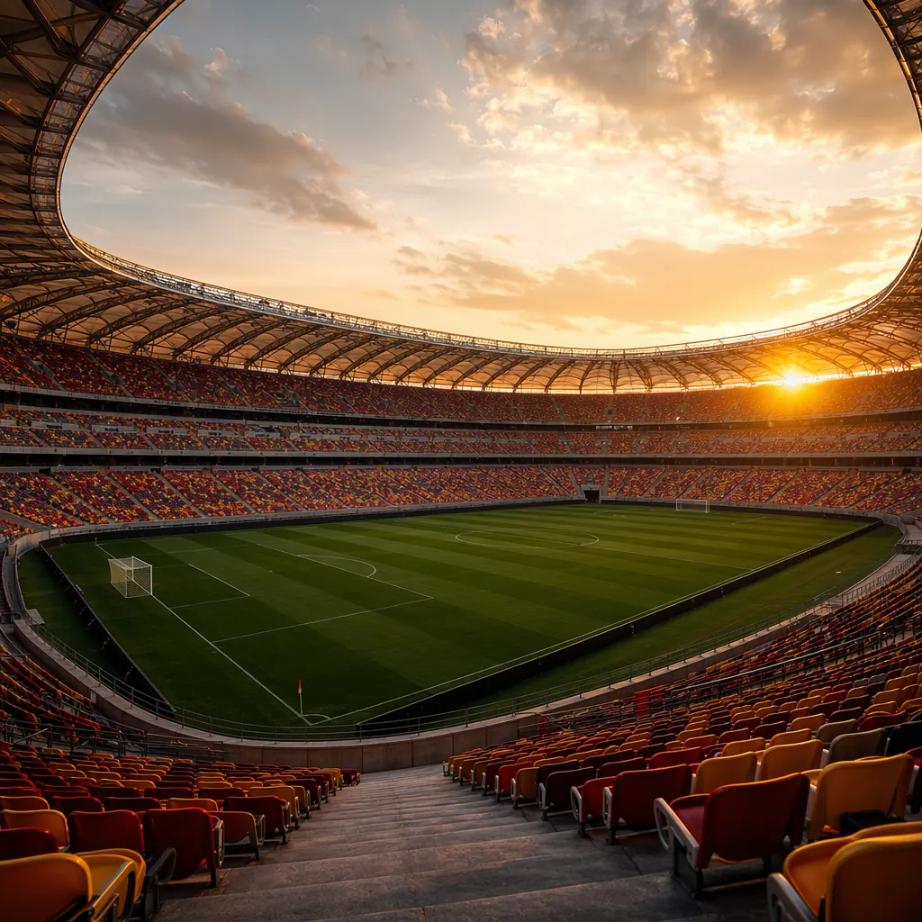 Wide shot of a modern World Cup soccer stadium at golden hour, empty green pitch