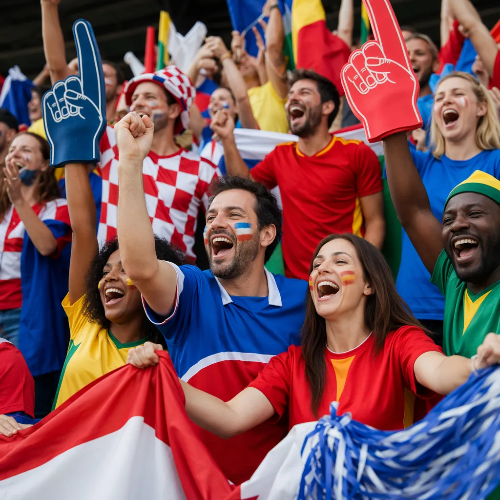 Group of generic soccer fans cheering in stadium stands, wearing colorful nation