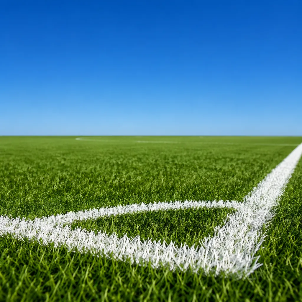 Close up of a well-maintained green football pitch with white boundary lines, cl