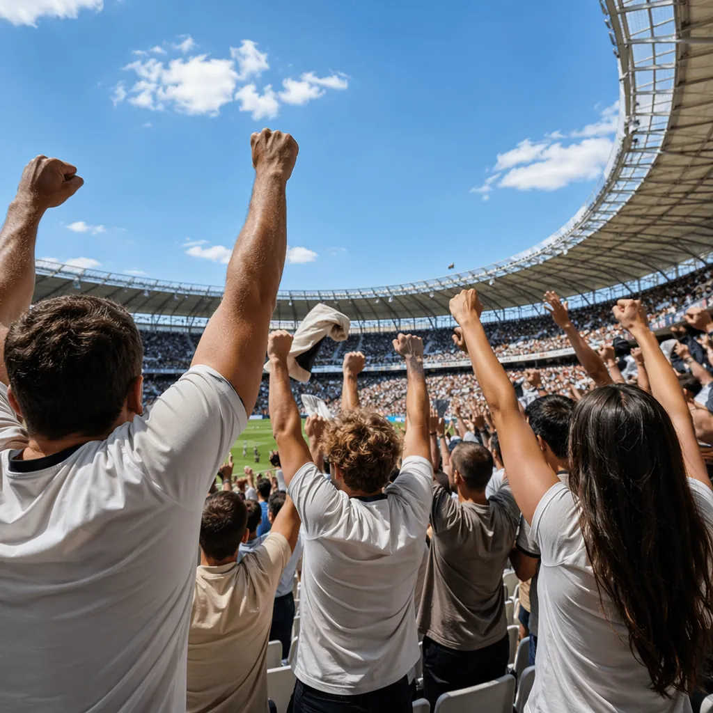 Wide shot of excited soccer fans wearing neutral colored jerseys cheering in a s