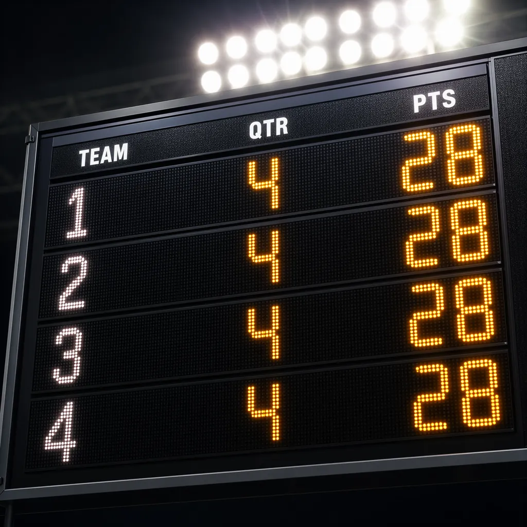 Close-up of a generic digital football scoreboard showing multiple teams with eq