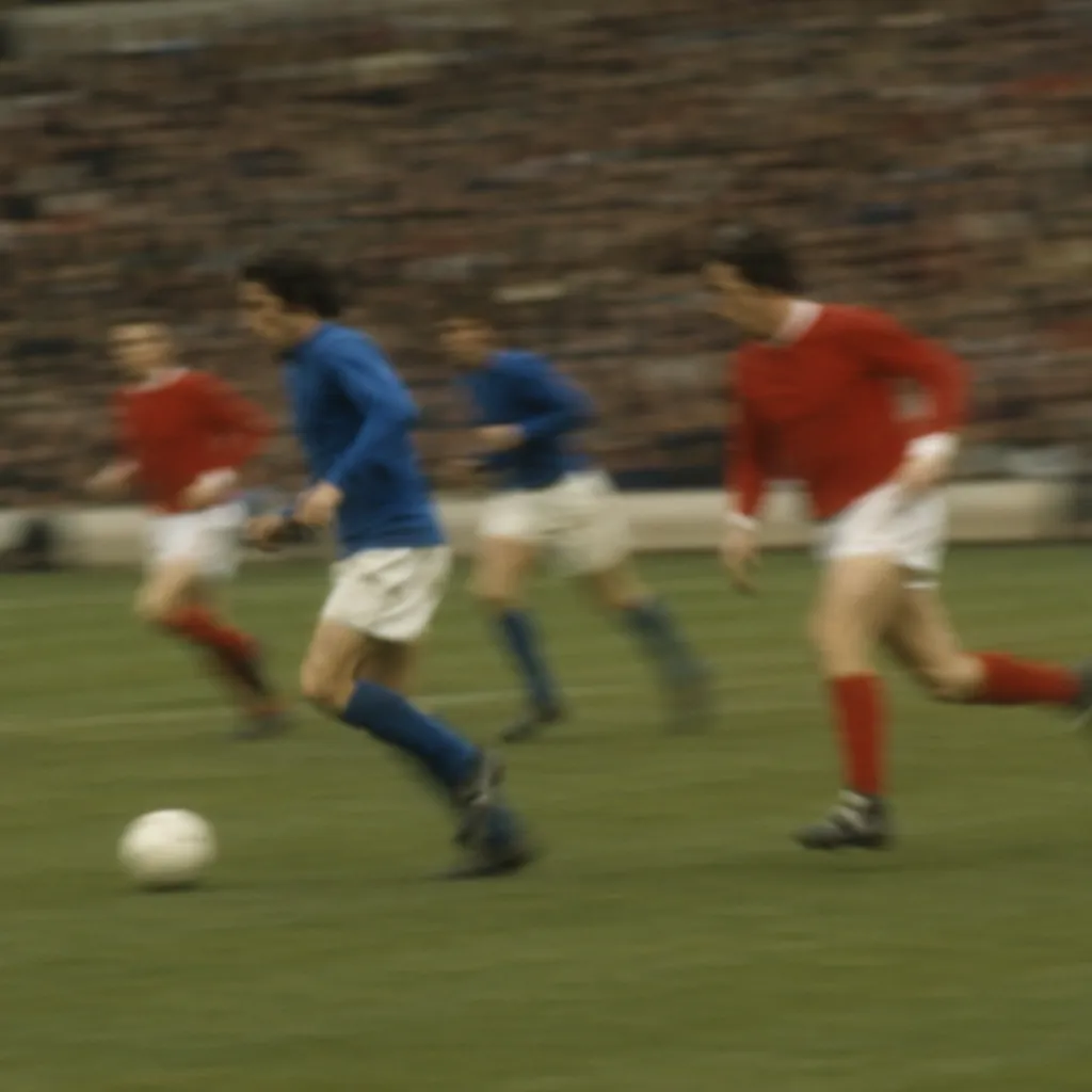 Blurred shot of a vintage football match in progress, players in plain generic k